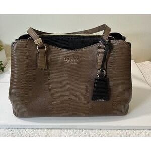 GUESS Satchel Purse‎ Brown Lizard Embossed Faux Leather Top Handle Bag